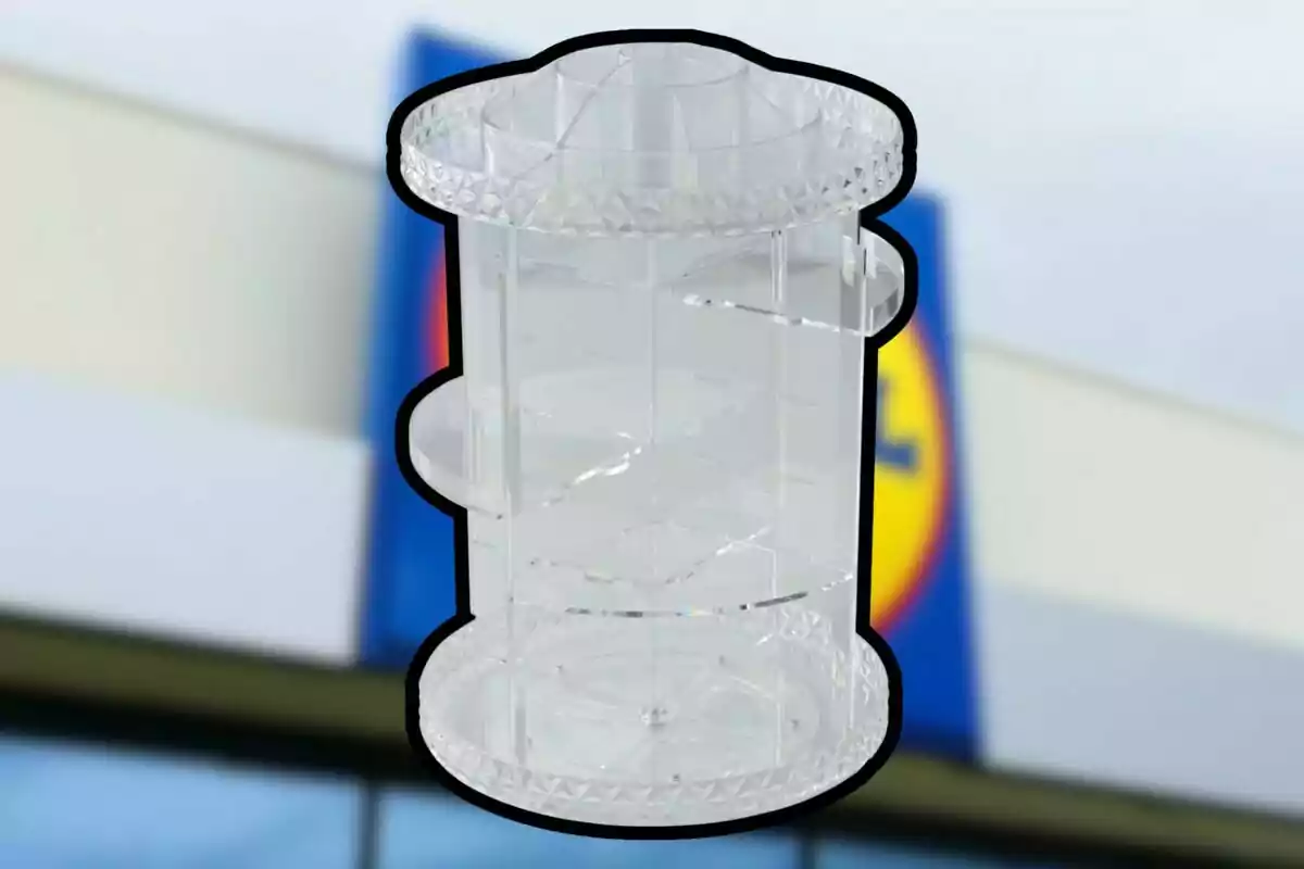 Clear acrylic rotating organizer with a blurred store background Clear acrylic rotating organizer with a blurred store background