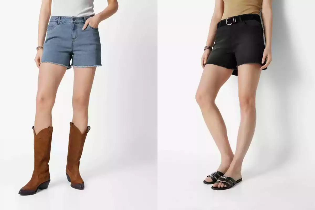 Dos mujeres modelan shorts de mezclilla, una con botas cafés y camiseta blanca, la otra con sandalias negras, cinturón y camiseta beige. Dos mujeres modelan shorts de mezclilla, una con botas cafés y camiseta blanca, la otra con sandalias negras, cinturón y camiseta beige.