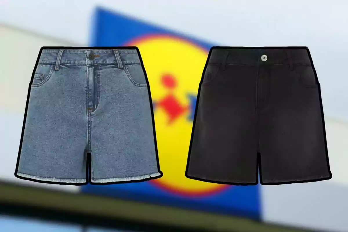 Dos shorts de mezclilla, uno azul y otro negro, sobre un fondo desenfocado con el logotipo de una tienda. Dos shorts de mezclilla, uno azul y otro negro, sobre un fondo desenfocado con el logotipo de una tienda.