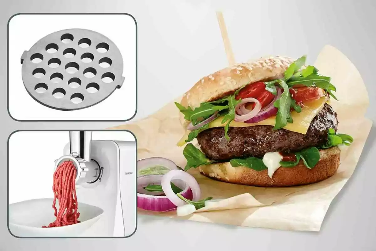 Metal disc for grinding meat, ground meat processing machine, and a cheeseburger with vegetables and sesame seed bun Metal disc for grinding meat, ground meat processing machine, and a cheeseburger with vegetables and sesame seed bun