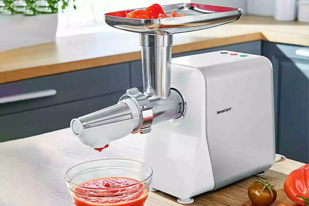 Electric food processor in a kitchen preparing fresh tomato sauce Electric food processor in a kitchen preparing fresh tomato sauce