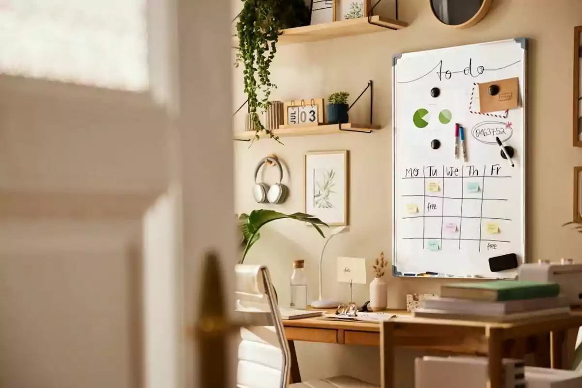 Home office decorated with plants, wooden desk, organizer board, and shelves with books and accessories Home office decorated with plants, wooden desk, organizer board, and shelves with books and accessories