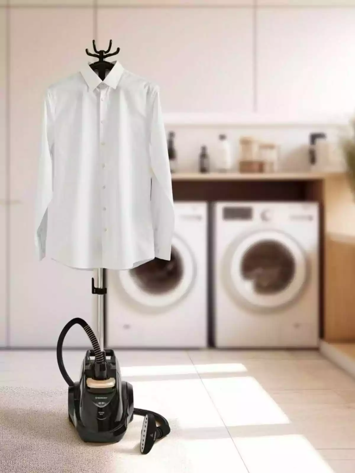 Una camisa blanca colgada en un perchero con un vaporizador de ropa en una lavandería moderna con lavadora y secadora al fondo Una camisa blanca colgada en un perchero con un vaporizador de ropa en una lavandería moderna con lavadora y secadora al fondo