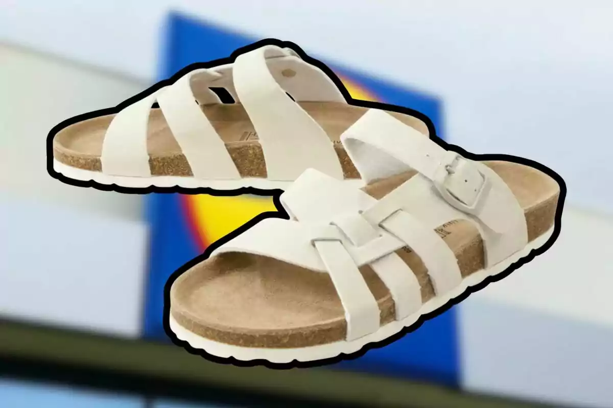 White sandals with straps and cork soles on a blurred background with blue and yellow colors. White sandals with straps and cork soles on a blurred background with blue and yellow colors.
