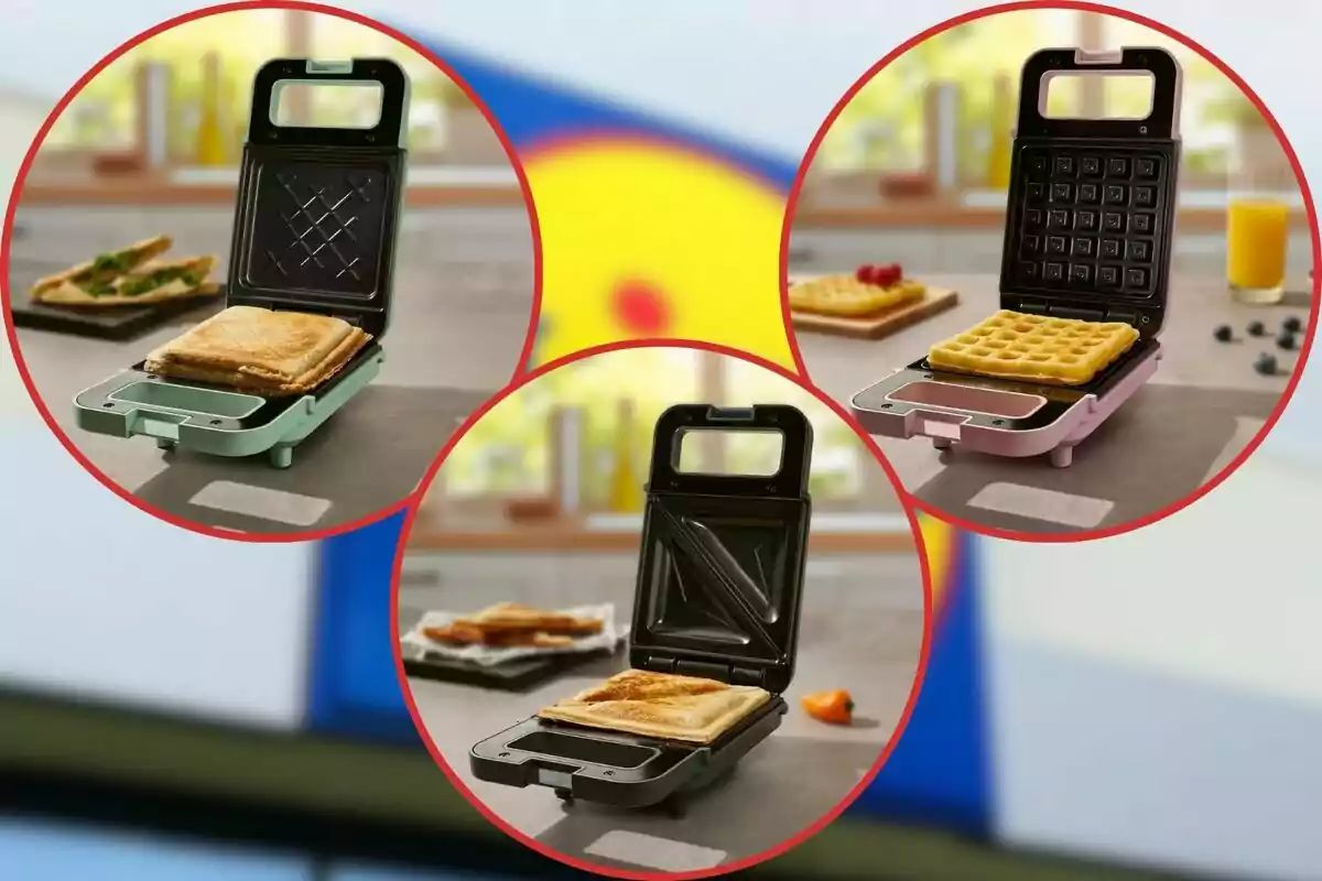 Three different open electric sandwich makers on a table, each with a different type of bread or waffle inside, in a blurred kitchen setting. Three different open electric sandwich makers on a table, each with a different type of bread or waffle inside, in a blurred kitchen setting.