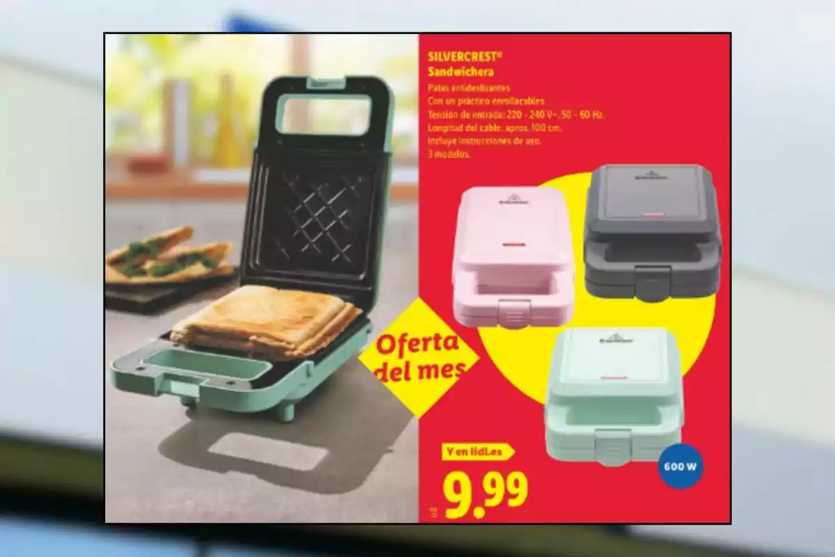 Silvercrest electric sandwich maker in green, pink, and black, with this month’s offer at 9.99 euros and a 600 W capacity, accompanied by freshly made sandwiches on a table. Silvercrest electric sandwich maker in green, pink, and black, with this month’s offer at 9.99 euros and a 600 W capacity, accompanied by freshly made sandwiches on a table.