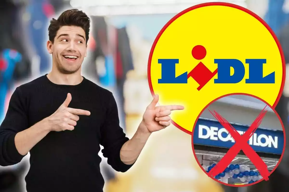 Hombre sonriente señalando hacia el logo de Lidl mientras un círculo con el logo de Decathlon tachado aparece al lado