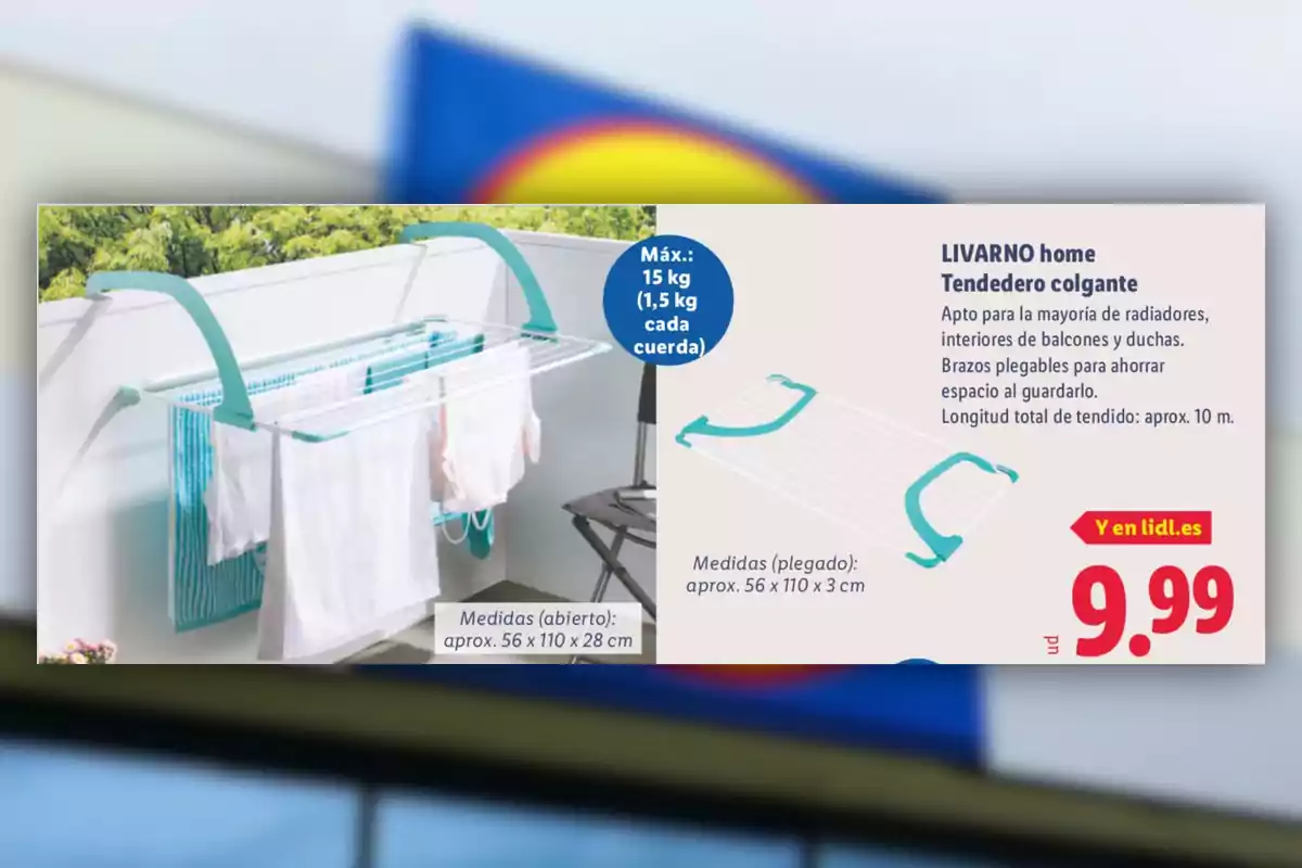 LIVARNO home hanging clothes dryer in white and turquoise blue installed on a balcony with clothes hanging and details about the price and product features LIVARNO home hanging clothes dryer in white and turquoise blue installed on a balcony with clothes hanging and details about the price and product features