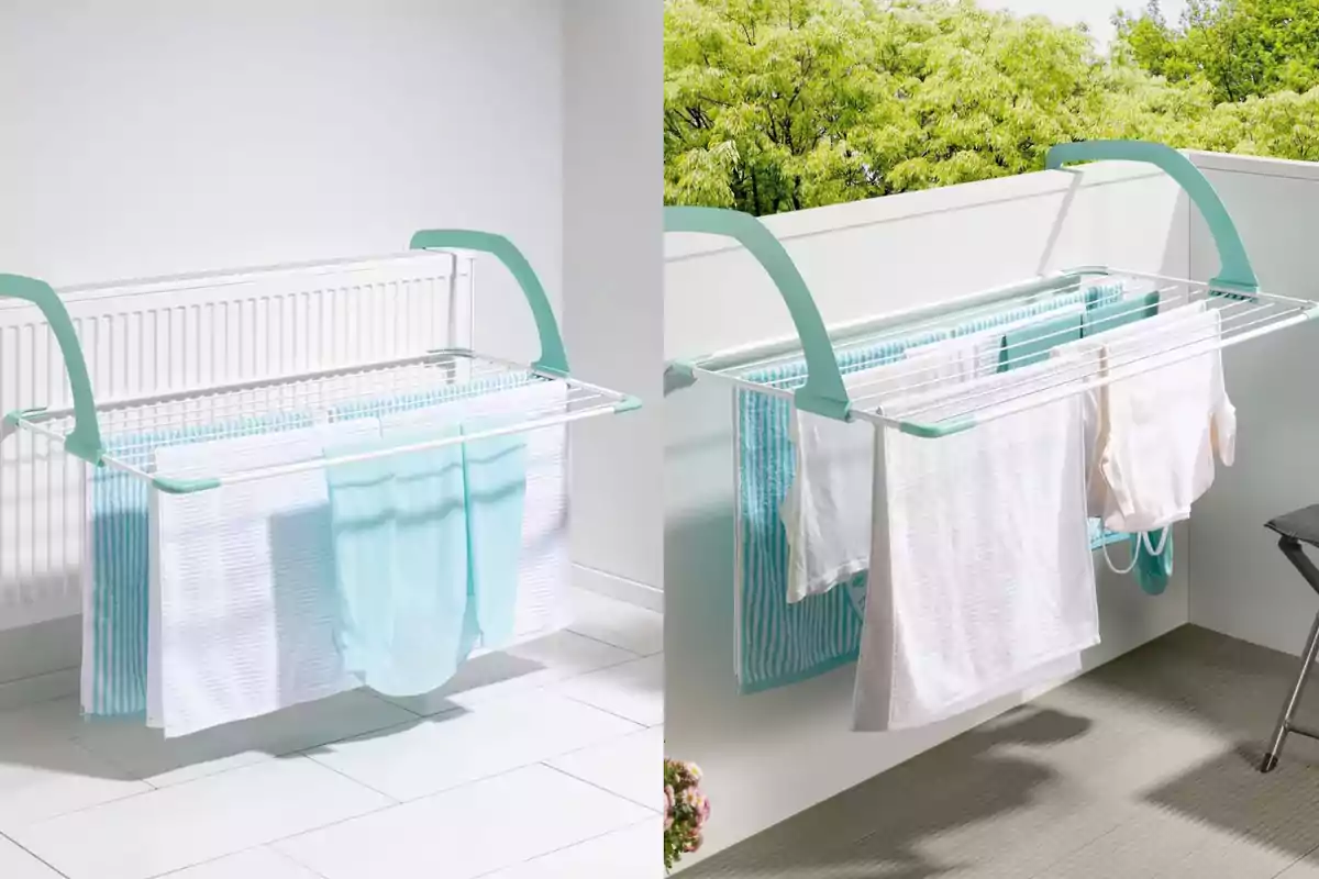 Portable white clothes drying rack with green supports used for drying clothes indoors and outdoors Portable white clothes drying rack with green supports used for drying clothes indoors and outdoors