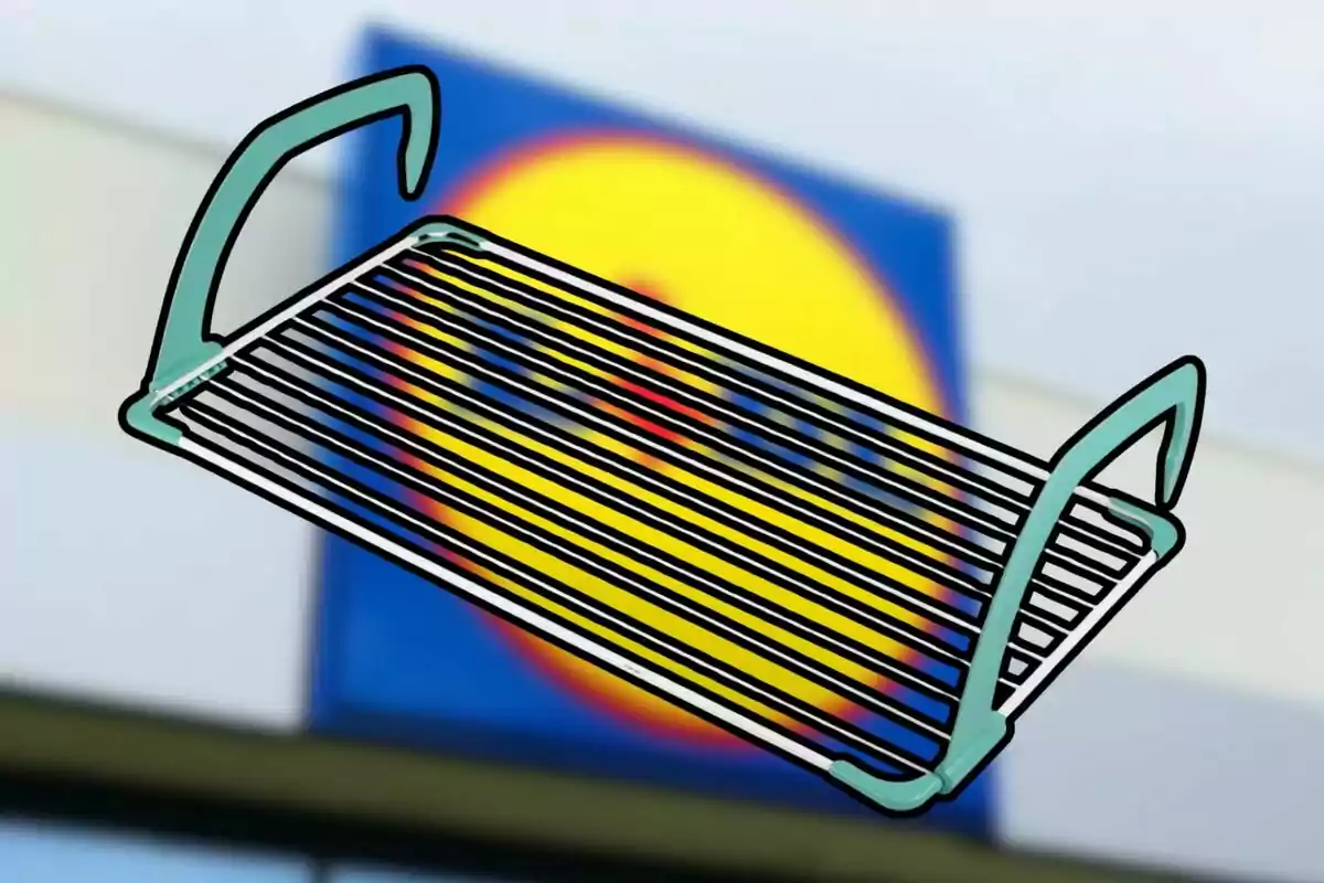 Drawing of a metal shelf with hooks against a blurred background of a supermarket logo. Drawing of a metal shelf with hooks against a blurred background of a supermarket logo.