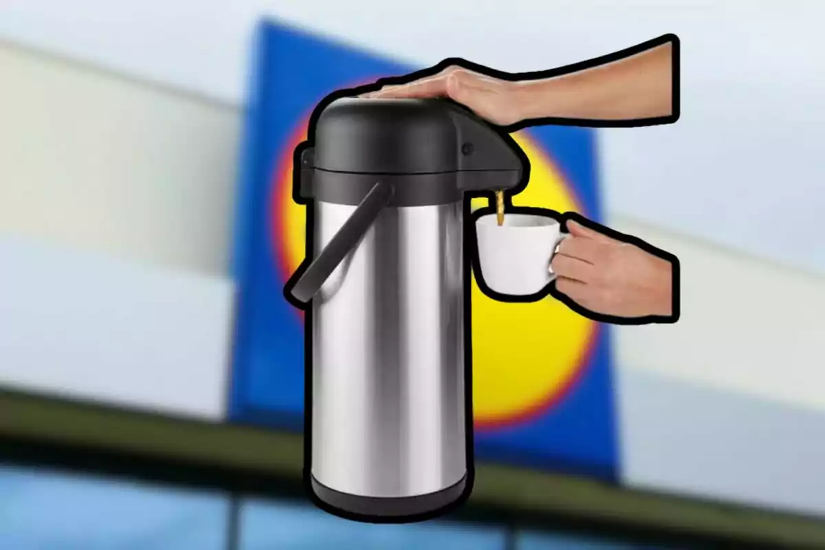 Person pouring coffee from a stainless steel thermal dispenser into a white cup with a blurred background of a supermarket sign. Person pouring coffee from a stainless steel thermal dispenser into a white cup with a blurred background of a supermarket sign.