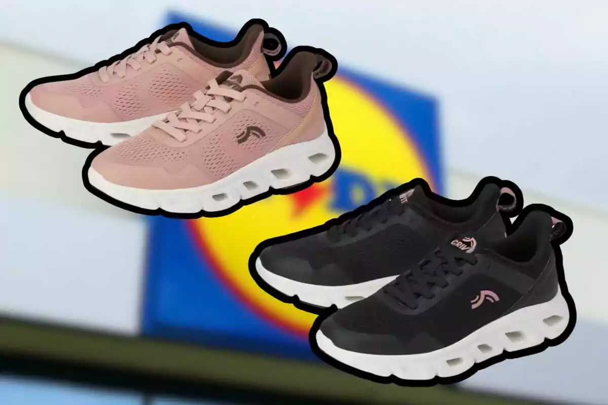 Dos parells de sabatilles esportives de color rosa i negre amb sola blanca, sobre un fons desenfocat d’un rètol de botiga. Dos parells de sabatilles esportives de color rosa i negre amb sola blanca, sobre un fons desenfocat d’un rètol de botiga.