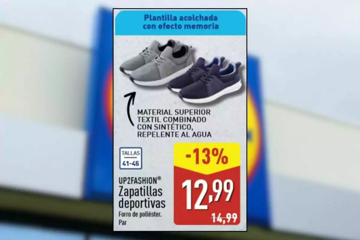 Oferta de zapatillas deportivas UP2FASHION en colores gris y azul marino con plantilla acolchada y material repelente al agua, disponibles en tallas 41 a 45 con descuento del 13 por ciento a un precio de 12,99 euros Oferta de zapatillas deportivas UP2FASHION en colores gris y azul marino con plantilla acolchada y material repelente al agua, disponibles en tallas 41 a 45 con descuento del 13 por ciento a un precio de 12,99 euros