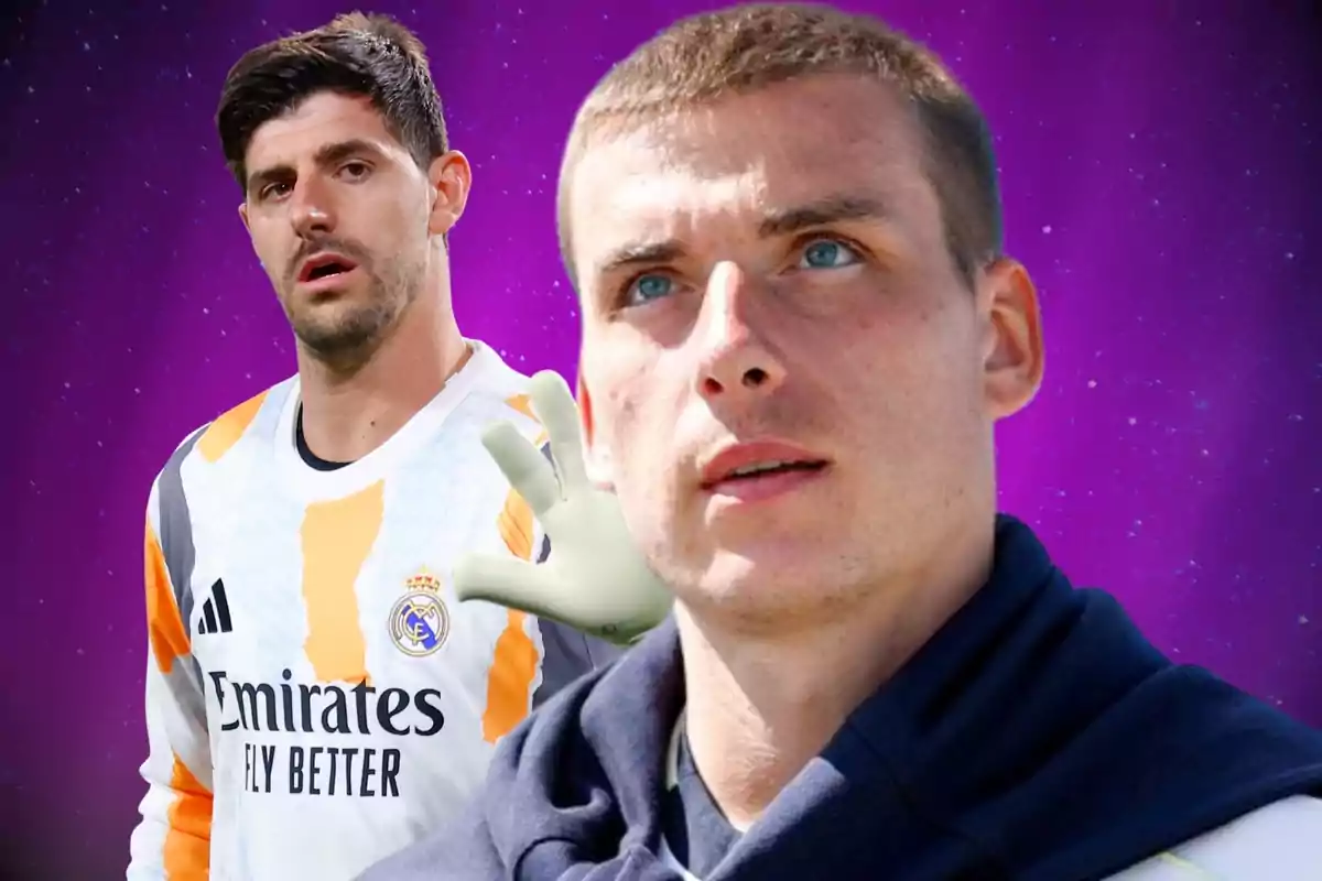 Two soccer goalkeepers with a purple, starry background; one of them is wearing the Real Madrid uniform.