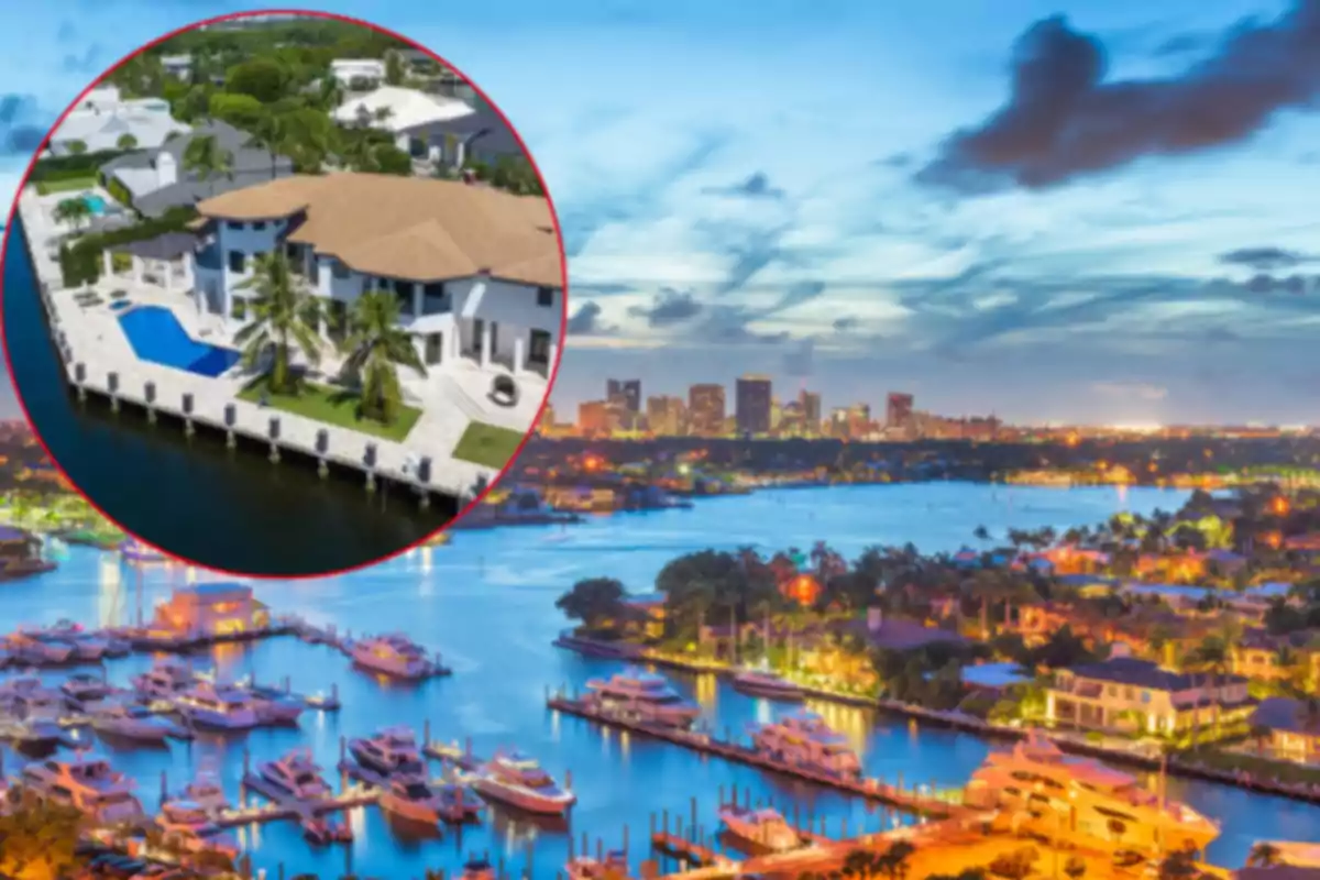 Panoramic view of a coastal city at sunset with yachts in a harbor and a luxurious house with a pool in a highlighted frame Panoramic view of a coastal city at sunset with yachts in a harbor and a luxurious house with a pool in a highlighted frame