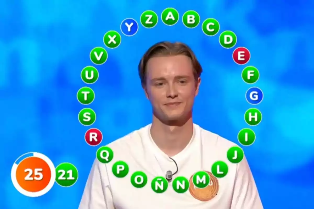 Manu Pascual participa en la prueba final Pasapalabra con letras en círculo y un marcador de tiempo y aciertos. Manu Pascual participa en la prueba final Pasapalabra con letras en círculo y un marcador de tiempo y aciertos.