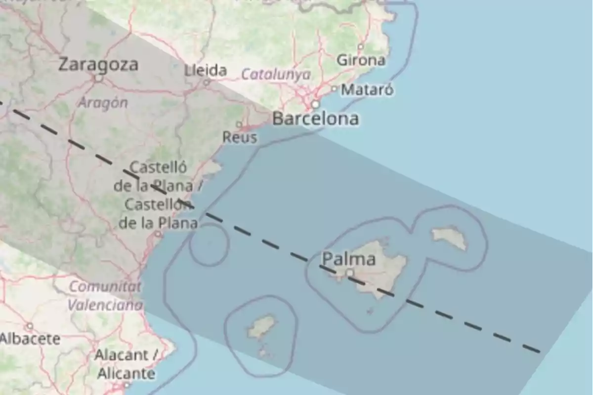 Mapa del noreste de España que muestra una franja sombreada que cruza desde Zaragoza hasta Palma pasando por Barcelona y Castelló de la Plana Mapa del noreste de España que muestra una franja sombreada que cruza desde Zaragoza hasta Palma pasando por Barcelona y Castelló de la Plana