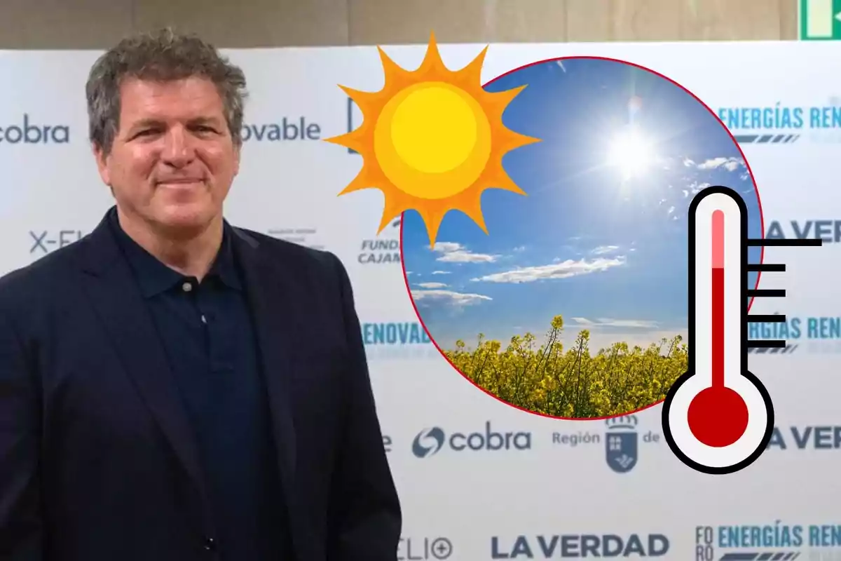 Hombre de cabello canoso con saco oscuro posando frente a un fondo de logotipos, junto a un gráfico de sol, termómetro y campo soleado que representa altas temperaturas. Hombre de cabello canoso con saco oscuro posando frente a un fondo de logotipos, junto a un gráfico de sol, termómetro y campo soleado que representa altas temperaturas.