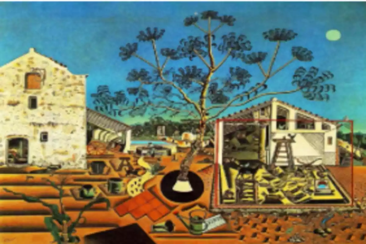 Pintura surrealista de una casa rural con un árbol grande en el centro, herramientas de campo y animales, bajo un cielo azul con una luna llena Pintura surrealista de una casa rural con un árbol grande en el centro, herramientas de campo y animales, bajo un cielo azul con una luna llena