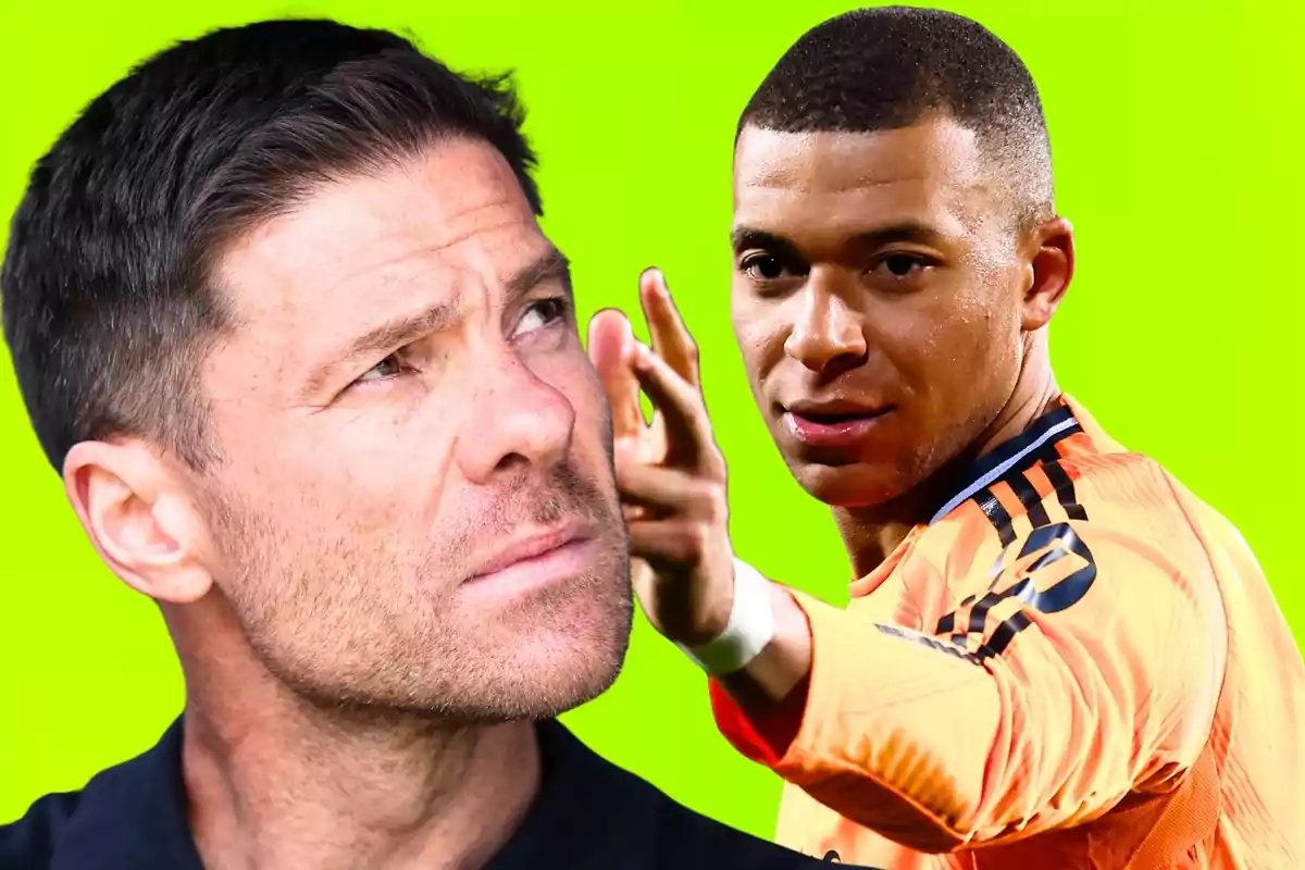 Two men in the foreground with a bright green background, one of them wearing an orange sports jersey.