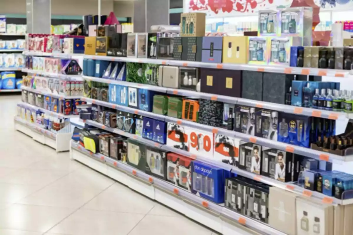 Estante de supermercado con cajas de perfumes y productos de cuidado personal organizados en varias filas Estante de supermercado con cajas de perfumes y productos de cuidado personal organizados en varias filas
