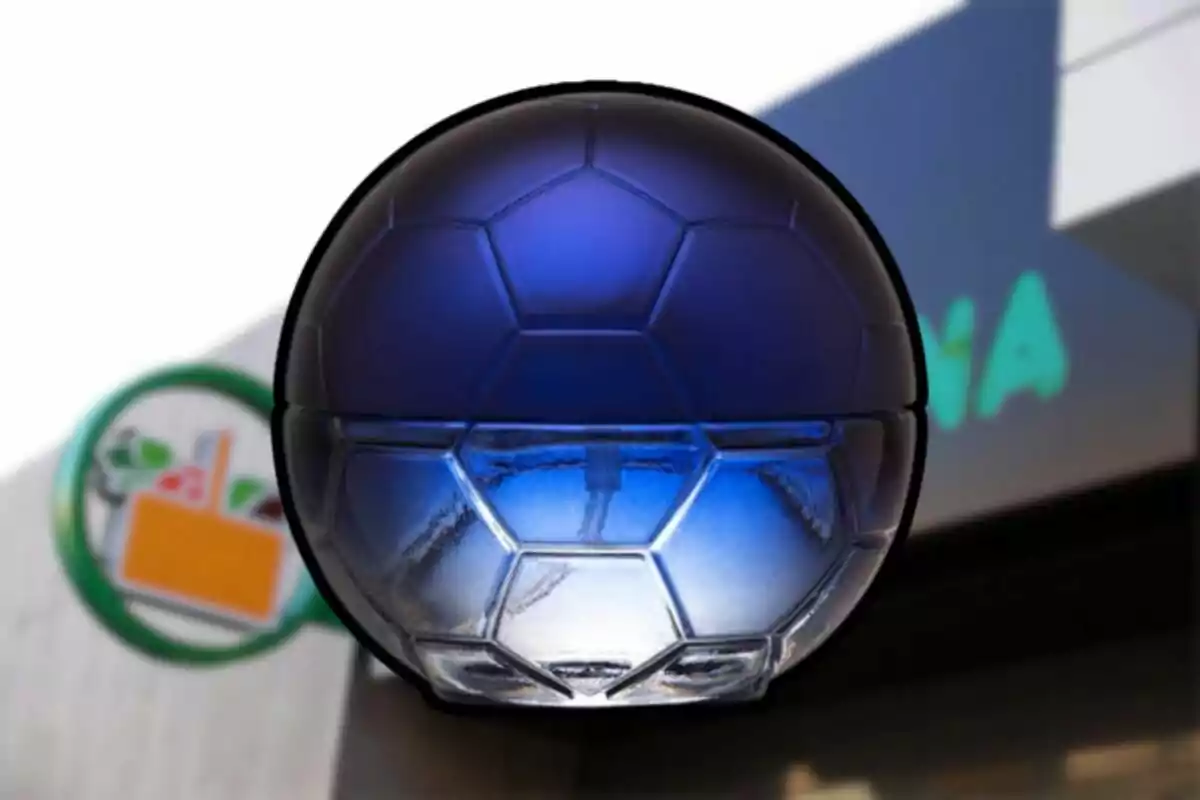 Un frasco de perfume en forma de balón de fútbol azul frente a una tienda Un frasco de perfume en forma de balón de fútbol azul frente a una tienda