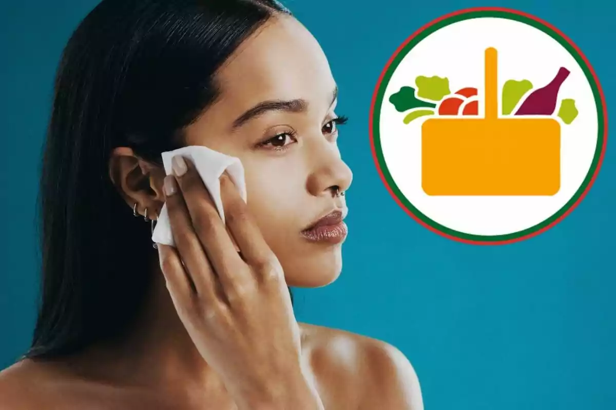 Mujer limpiando su rostro con una toallita mientras al fondo aparece un icono de canasta con alimentos sobre un fondo azul Mujer limpiando su rostro con una toallita mientras al fondo aparece un icono de canasta con alimentos sobre un fondo azul