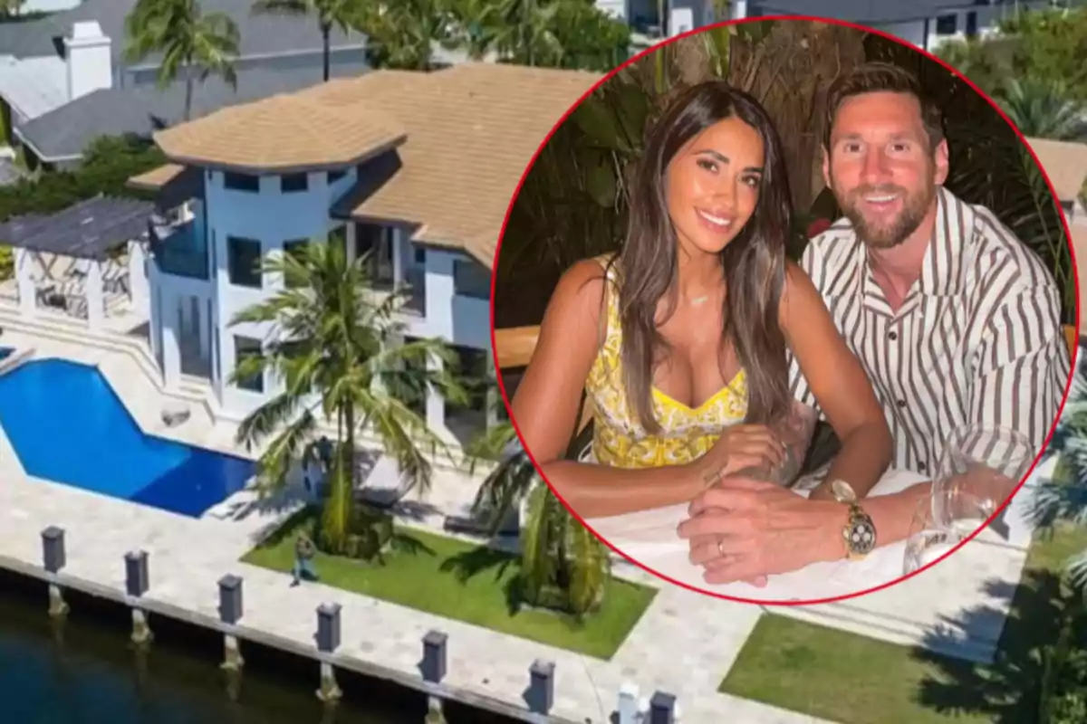Antonela Roccuzzo and Leo Messi smiling and sitting at a table appears in a circle overlaid on the image of a luxurious house with a pool and palm trees next to a canal. Antonela Roccuzzo and Leo Messi smiling and sitting at a table appears in a circle overlaid on the image of a luxurious house with a pool and palm trees next to a canal.