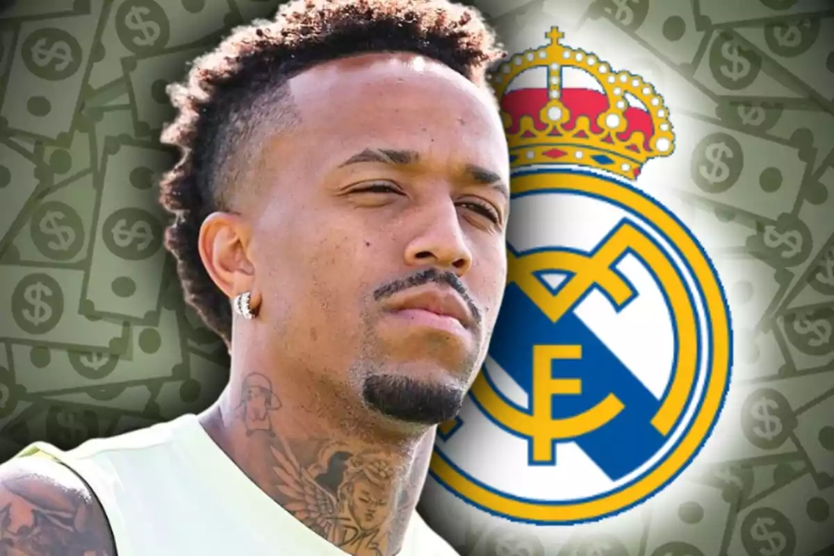 Un futbolista con tatuajes y pendiente aparece en primer plano con el escudo del Real Madrid y billetes de fondo