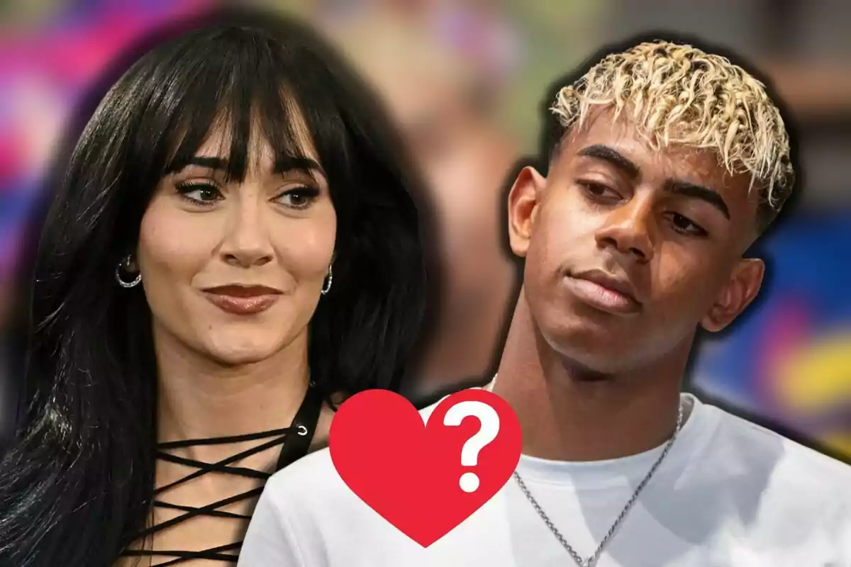 Aitana i Lamine Yamal mirant-se amb una expressió seriosa i un cor vermell amb un signe d’interrogació entre ells