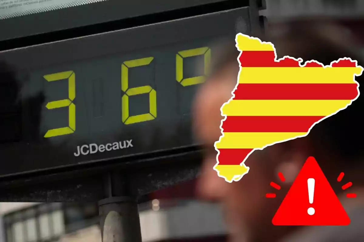 Termómetro digital marcando 36 grados con la silueta de Cataluña en colores rojo y amarillo y un icono de advertencia roja en primer plano