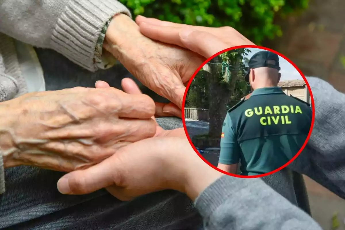 Manos de una persona mayor siendo sostenidas por otra persona con un recuadro que muestra a un agente de la Guardia Civil de espaldas Manos de una persona mayor siendo sostenidas por otra persona con un recuadro que muestra a un agente de la Guardia Civil de espaldas