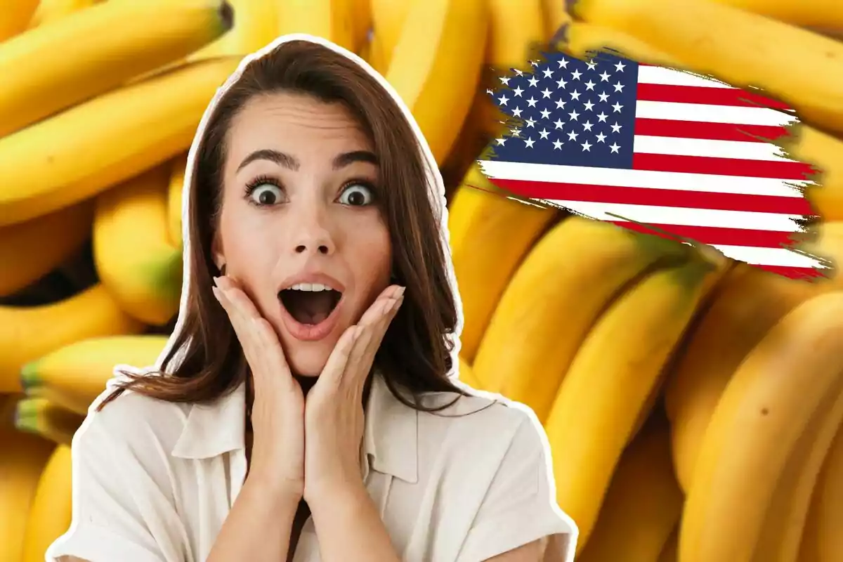 Surprised woman in front of a background of bananas with a United States flag painted in the corner