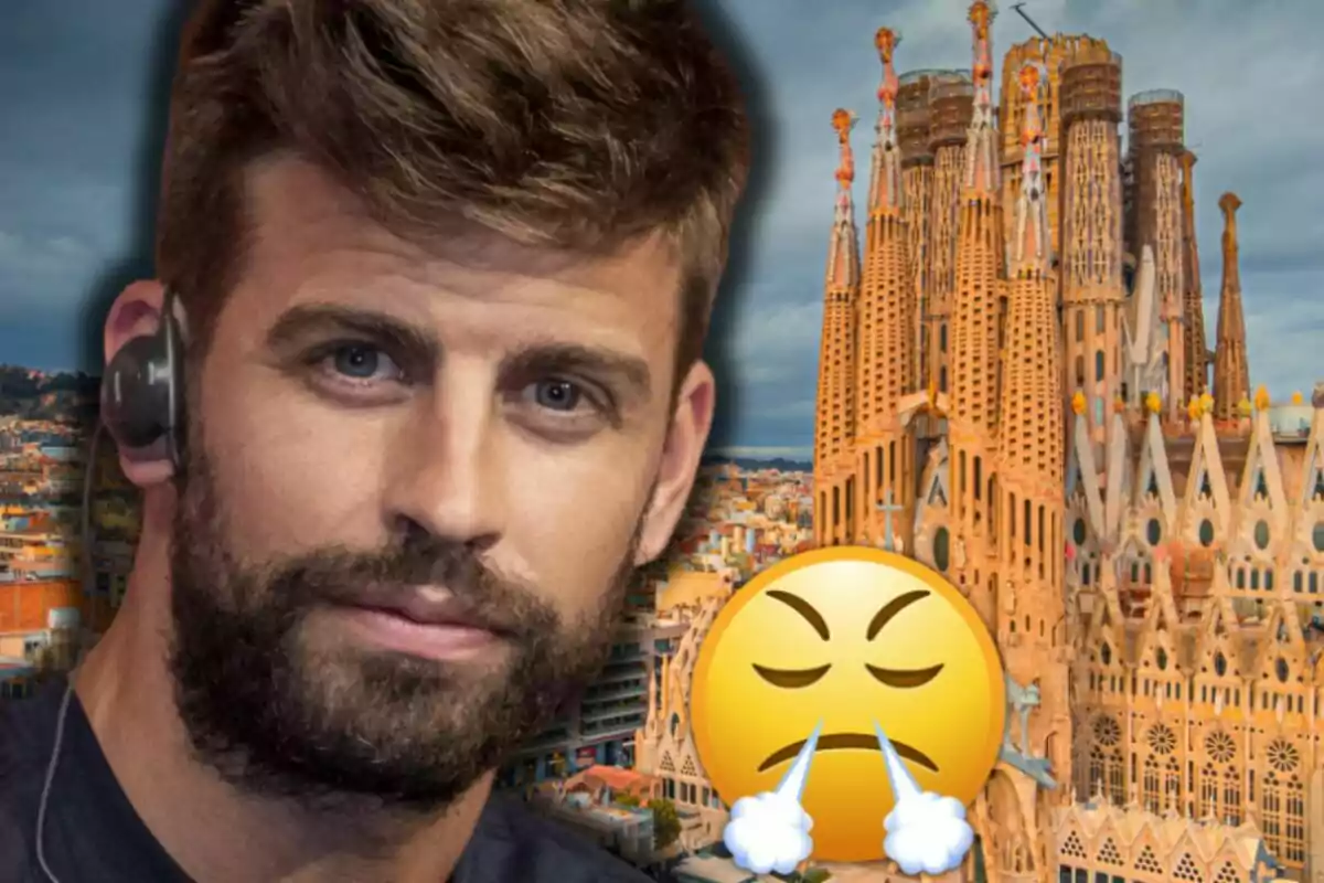 Gerard Piqué con auriculares frente a la Sagrada Familia y un emoji de enojo con vapor saliendo de la nariz