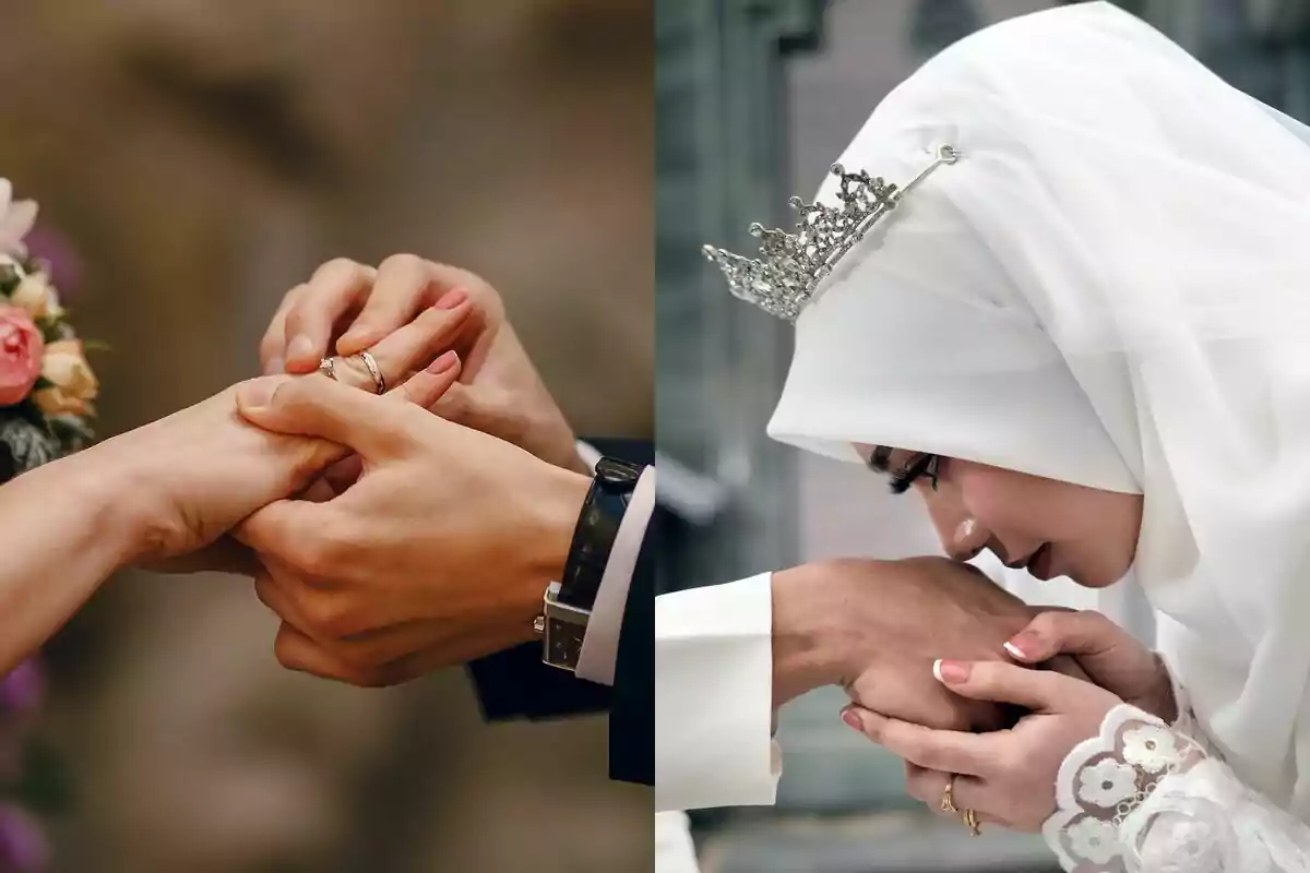Dos escenas de boda, una con una pareja intercambiando anillos y otra con una novia vestida de blanco besando la mano de su pareja Dos escenas de boda, una con una pareja intercambiando anillos y otra con una novia vestida de blanco besando la mano de su pareja