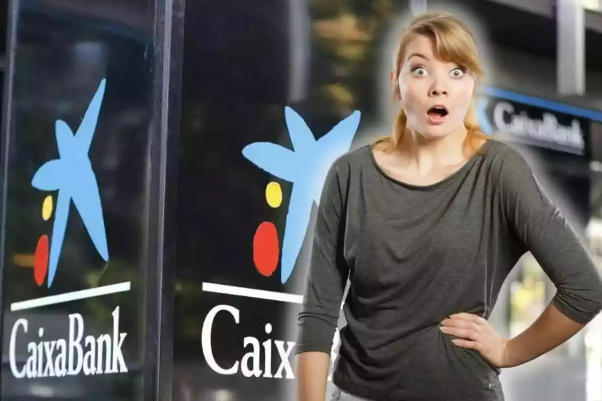 Mujer con expresión de sorpresa frente a una sucursal de CaixaBank