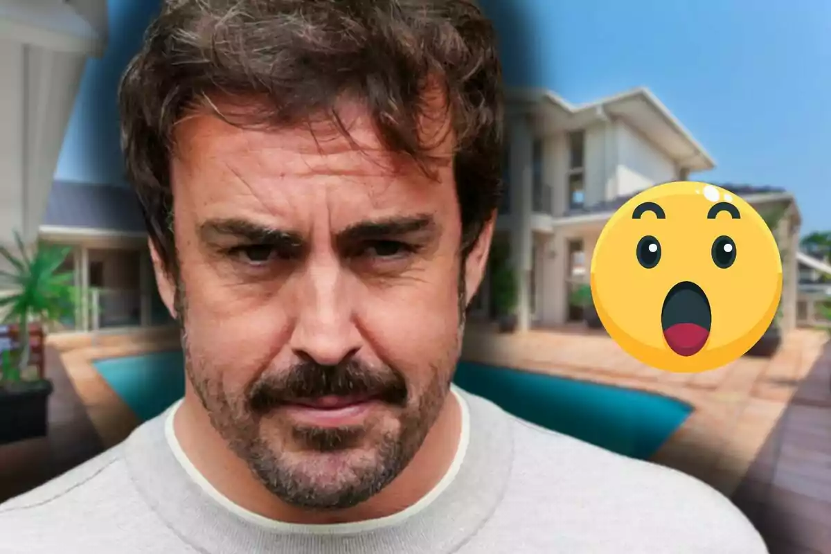 Fernando Alonso with a serious expression in front of a modern house with a pool and a surprised emoji next to him