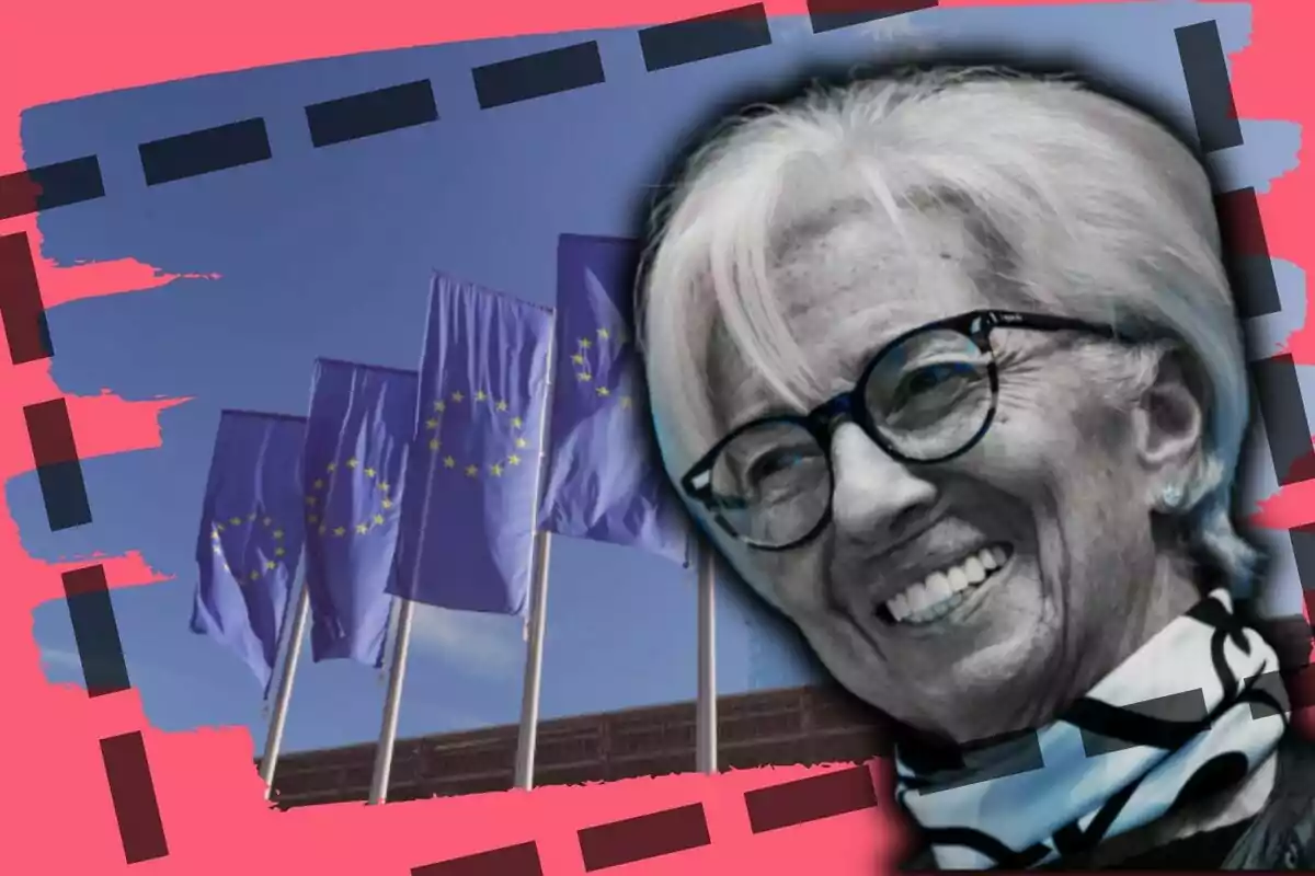 Banderas de la Unión Europea ondeando junto a una mujer mayor de cabello canoso y gafas sonriente en primer plano con un fondo de diseño en tonos rosa y negro