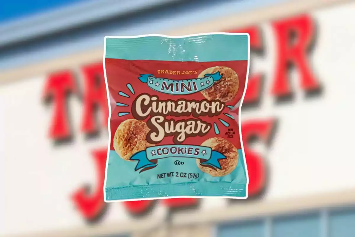 Bag of Trader Joe’s mini cinnamon sugar cookies in front of a blurred store sign Bag of Trader Joe’s mini cinnamon sugar cookies in front of a blurred store sign