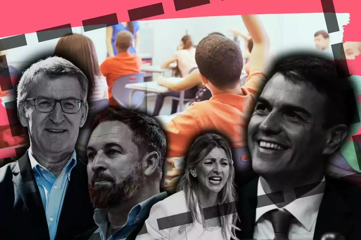 Montaje con varios políticos en primer plano y al fondo un aula con niños y una maestra