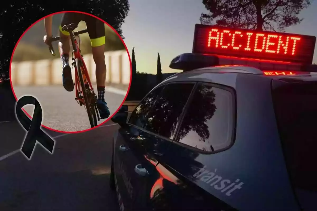 Cinta negra de luto junto a la imagen de un ciclista y un coche de policía de tránsito con un letrero luminoso que dice accidente