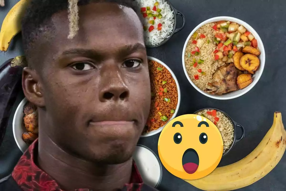 Nico Williams con expresión seria aparece en primer plano junto a varios platos de comida y un emoji de sorpresa, con plátanos y berenjenas alrededor.