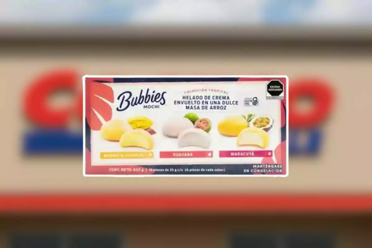 Bubbies mochi ice cream box with mango, guava, and passion fruit flavors on a blurred store background Bubbies mochi ice cream box with mango, guava, and passion fruit flavors on a blurred store background