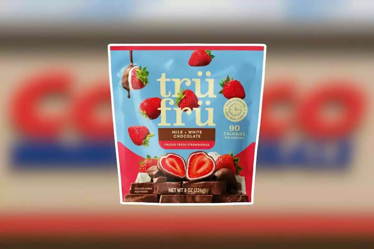 Bag of Tru Fru brand strawberries covered in milk chocolate and white chocolate Bag of Tru Fru brand strawberries covered in milk chocolate and white chocolate