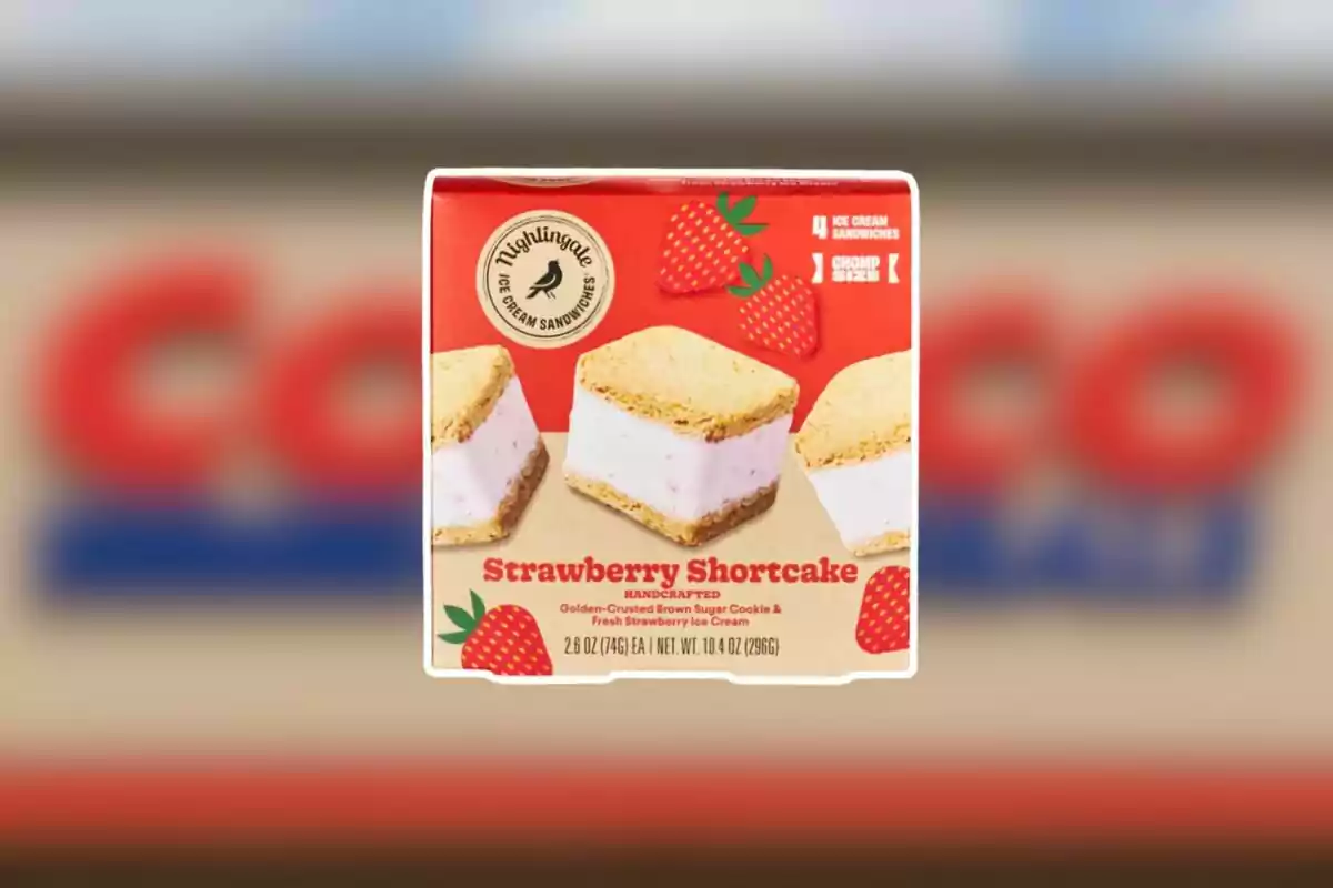 Strawberry shortcake ice cream sandwich box with images of strawberries and the sandwiches on the front Strawberry shortcake ice cream sandwich box with images of strawberries and the sandwiches on the front