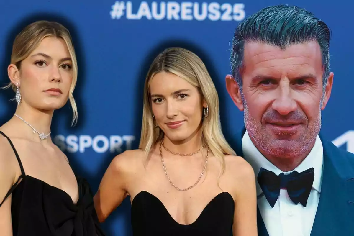 Daniela, Martina, and Luis Figo pose elegantly in front of a blue background with the text LAUREUS25.