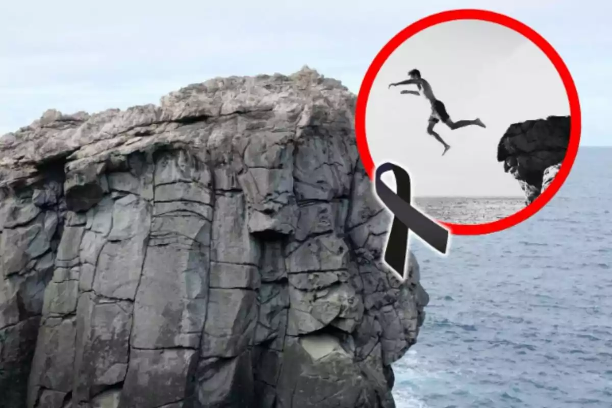 Persona saltando desde un acantilado al mar con un lazo negro de luto y un círculo rojo destacando la acción.