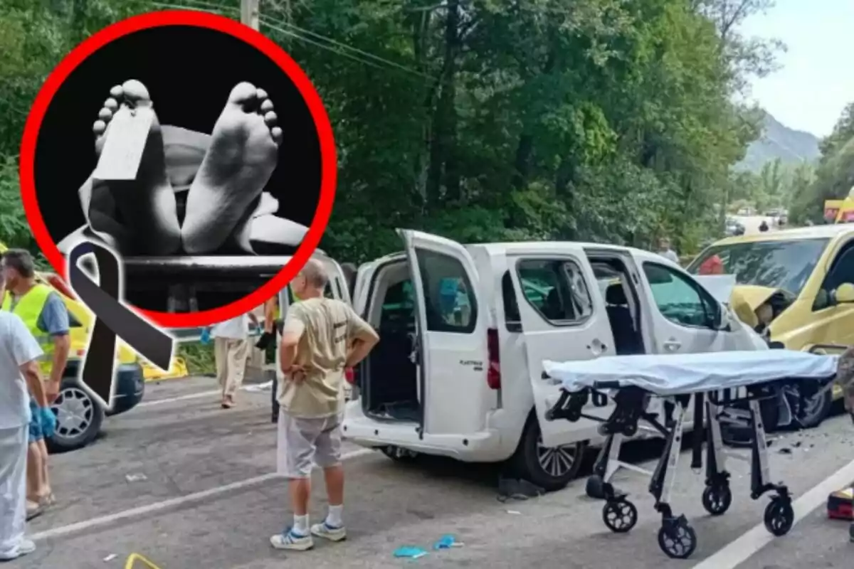 Accident viari entre dos vehicles a la C-631 amb una llitera en primer pla i un cercle amb una imatge de peus d’una persona difunta i un llaç negre.