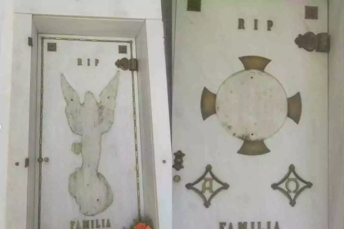 Dos lápidas blancas con inscripciones de RIP y FAMILIA, una con la silueta de un ángel y la otra con una cruz y símbolos decorativos. Dos lápidas blancas con inscripciones de RIP y FAMILIA, una con la silueta de un ángel y la otra con una cruz y símbolos decorativos.