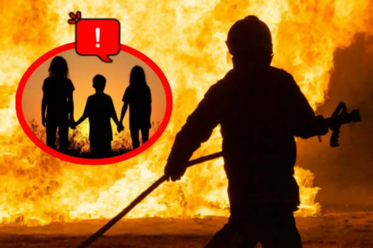 Un bombero sostiene una manguera frente a un gran incendio mientras en la esquina aparece un círculo rojo con la silueta de tres niños tomados de la mano y un ícono de advertencia.